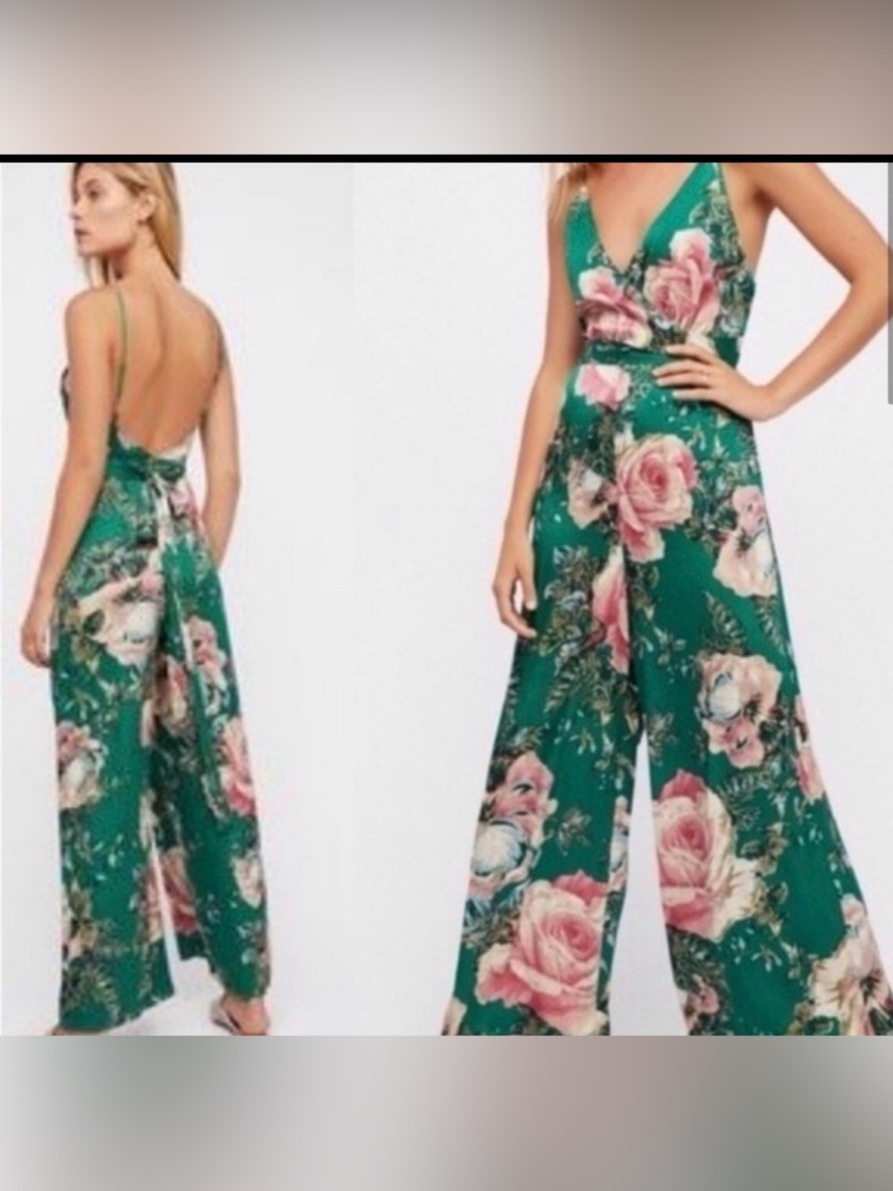 Free People Floral Green Jumpsuit Size 0 Satin Crossover $179 RARE Revolve FP